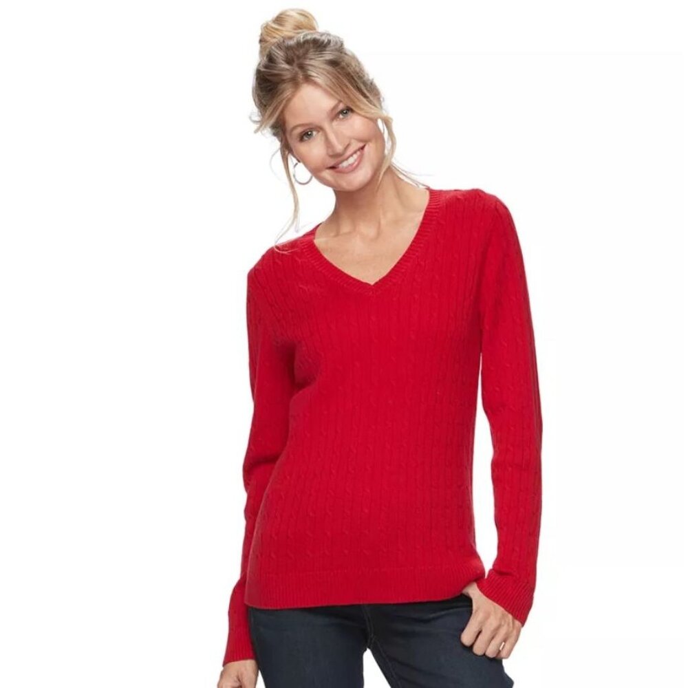 Croft & Barrow Womens V-Neck Sweater Medium Red Cable Knit Cozy Casual Pullover